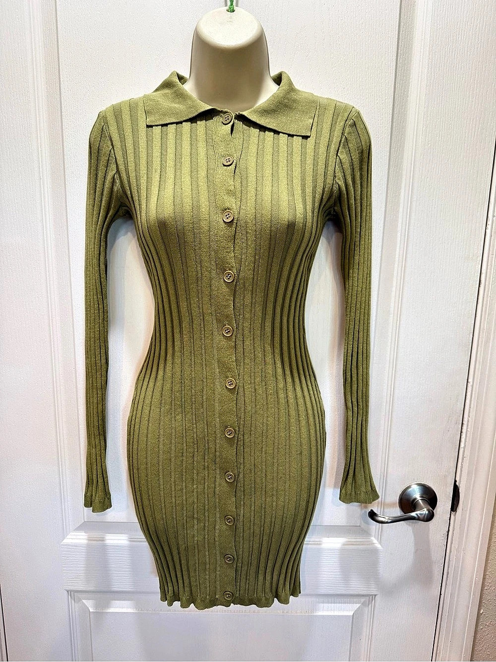 Nasty Gal Ribbed Collared Mini Dress in Green Size 0 NWT
